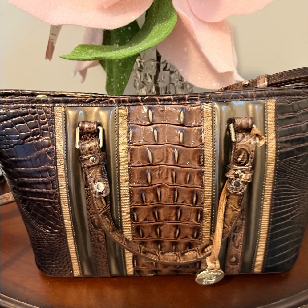 Brahmin Brown and Gold Crocodile-Embossed Shoulder Bag in patina Dorati
